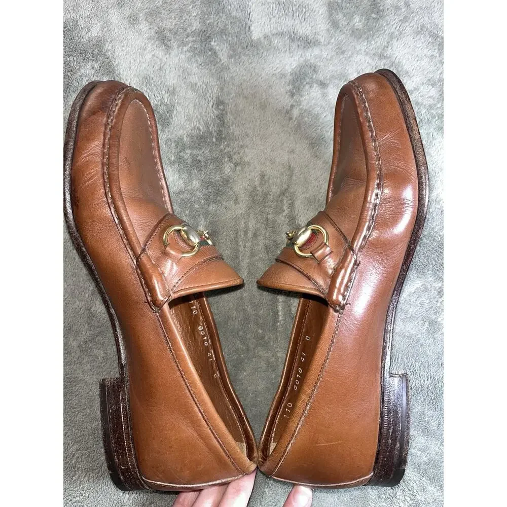 Vintage Gucci Mens 41D Horsebit Web Stripe Brown Leather Loafers Italy
